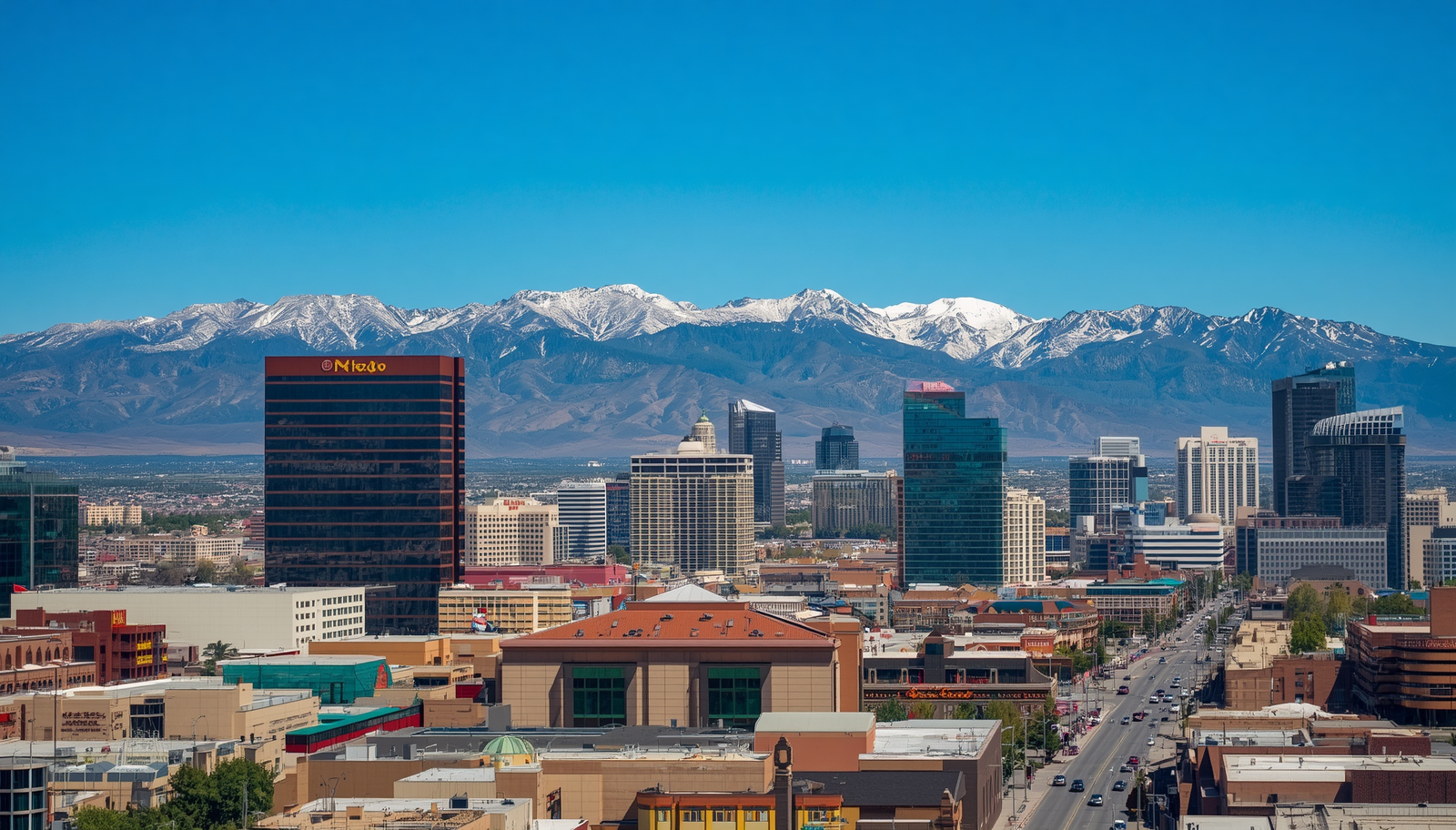 Downtown Reno skyline and Sierra Nevada mountains for people moving to Reno, NV.